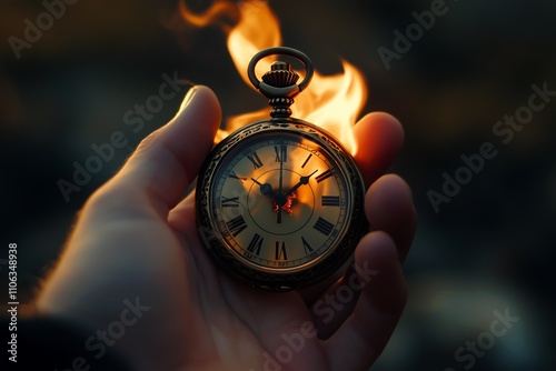 Hand holding burning vintage old pocket watch on dark background. Passing of time or wasting time concept. Timeout or deadline, urgency.