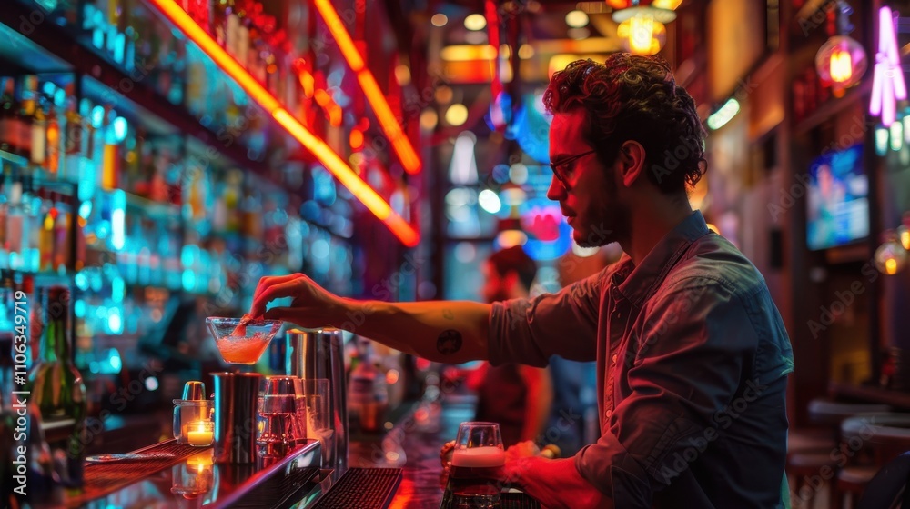 Obraz premium Barman carefully measuring ingredients for a cocktail, neon lights casting a vibrant glow, bar patrons eagerly awaiting their drinks