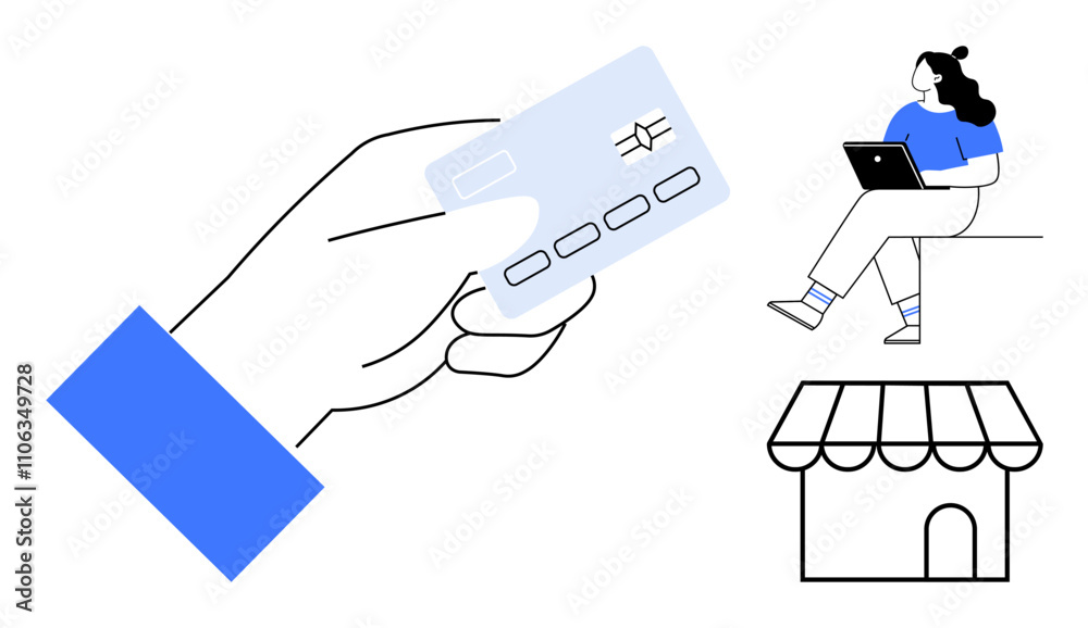 Hand holding credit card for online transactions next to person with laptop and a storefront. Ideal for e-commerce, online payment, internet banking, digital marketing, online retail, financial Hand holding credit card for online transactions next to person with laptop and a storefront. Ideal for e-commerce, online payment, internet banking, digital marketing, online retail, financial