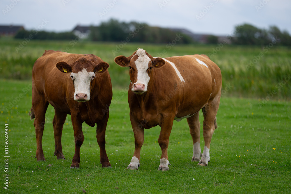 Brown grazing cow. Hereford cows at summer green field. Grazing cow at a green pasture. Summer countryside landscape and pasture for cows. Cow herd in the countryside. Cows on farmland. Milk farm. Brown grazing cow. Hereford cows at summer green field. Grazing cow at a green pasture. Summer countryside landscape and pasture for cows. Cow herd in the countryside. Cows on farmland. Milk farm.
