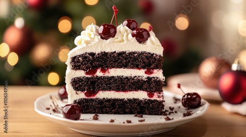 Delicious Slice of Black Forest Cake with Whipped Cream and Cherries on Festive Background