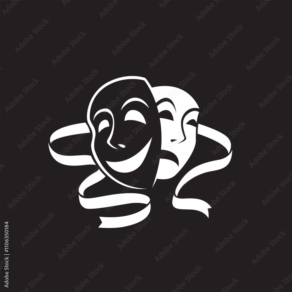 icon of comedy and tragedy theatrical masks isolated on black background icon of comedy and tragedy theatrical masks isolated on black background