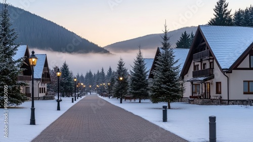 Fototapeta Naklejka Na Ścianę i Meble -  Early morning fog blankets a charming small town in the Black Forest, highlighting half-timbered houses and tranquil atmosphere