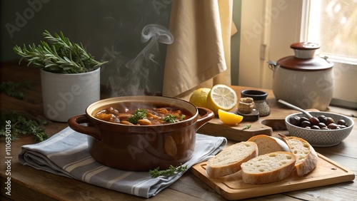 Fasolada in a steaming pot with lemon and herbs on a wooden table photo