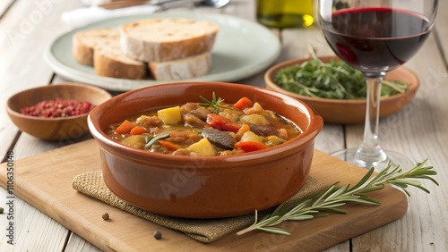 Bowl of fasolada served with crusty bread and olive oil drizzle photo