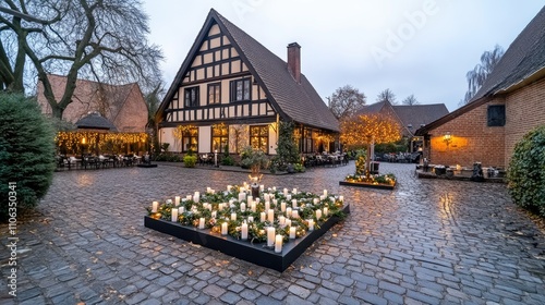 Fototapeta Naklejka Na Ścianę i Meble -  Early morning fog blankets a charming small town in the Black Forest, highlighting half-timbered houses and tranquil atmosphere