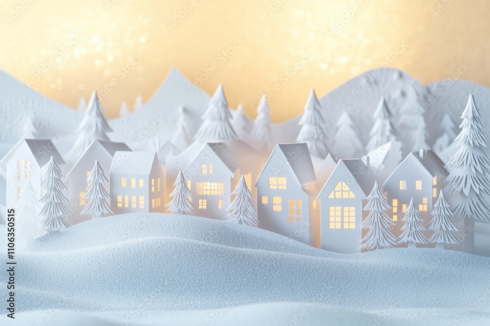 A charming Christmas village made of paper cutouts sits on a snowy ...