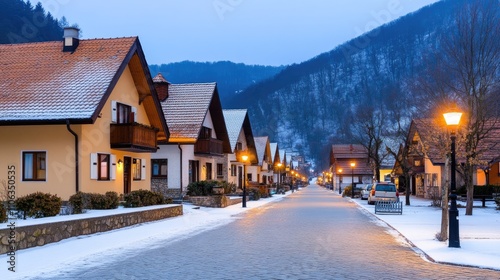 Fototapeta Naklejka Na Ścianę i Meble -  Early morning fog blankets a charming small town in the Black Forest, highlighting half-timbered houses and tranquil atmosphere