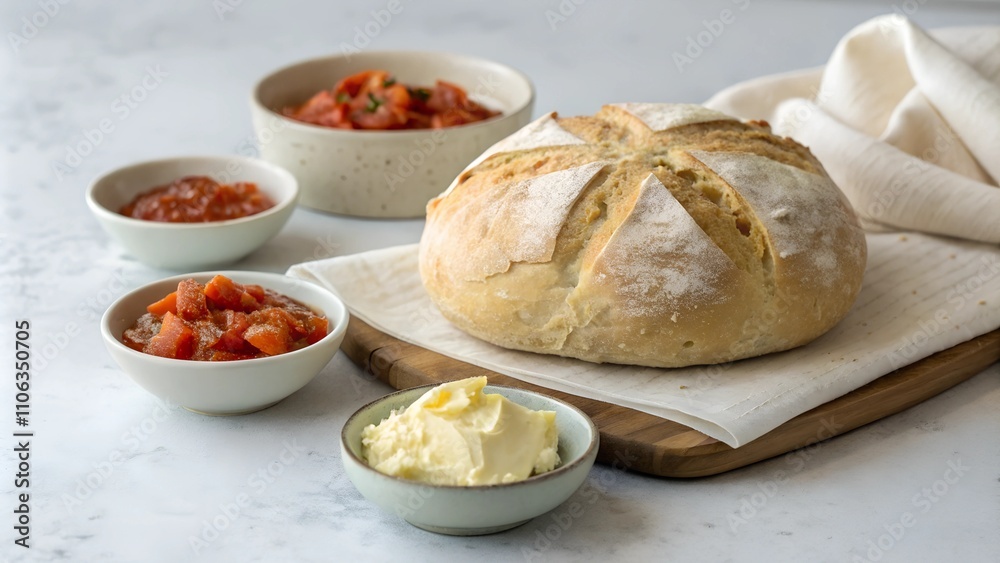 Freshly baked damper bread with dips on a white table Freshly baked damper bread with dips on a white table