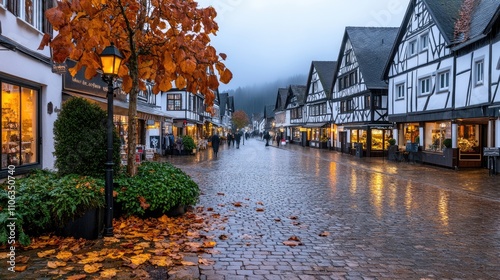 Fototapeta Naklejka Na Ścianę i Meble -  Early morning fog blankets a charming small town in the Black Forest, highlighting half-timbered houses and tranquil atmosphere