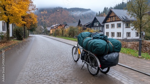 Fototapeta Naklejka Na Ścianę i Meble -  Early morning fog blankets a charming small town in the Black Forest, highlighting half-timbered houses and tranquil atmosphere