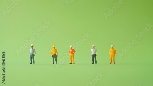 Figures of small people factory employee on pastel background.