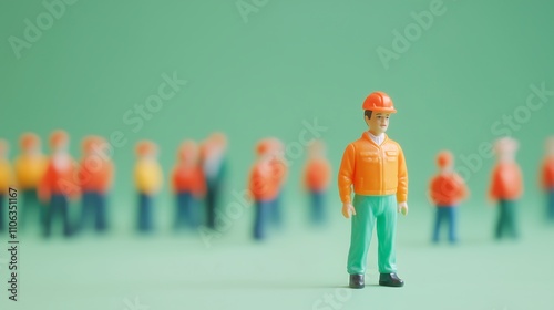 Figures of small people factory employee on pastel background.