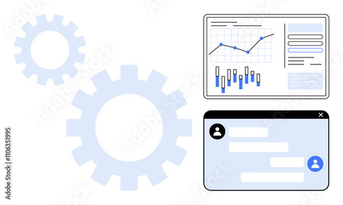 Business dashboard featuring an analytics graph and messaging interface with two gear icons. Ideal for business management, team collaboration, productivity, data analysis, strategic planning