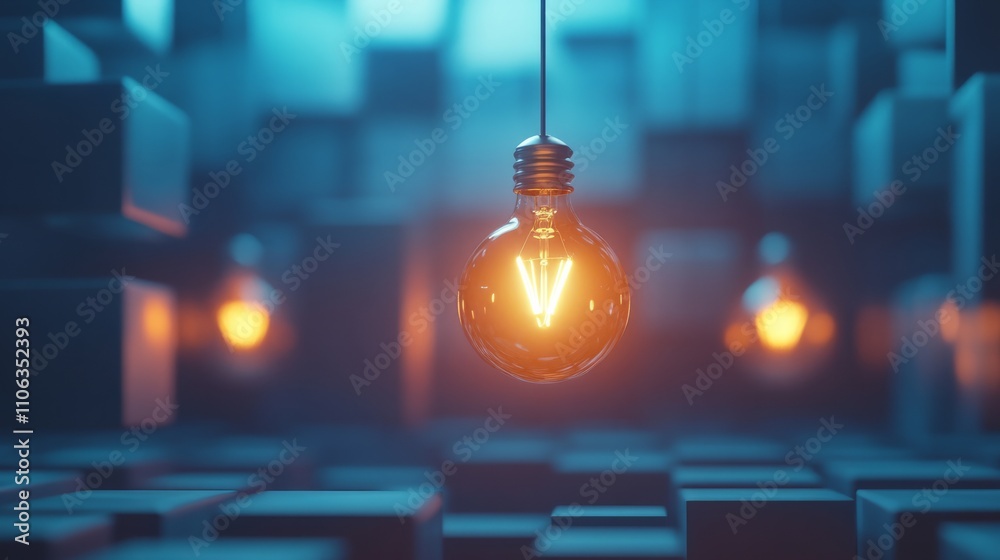 Suspended Glowing Bulb Among a Grid of Unlit Bulbs, A Single Glowing Light Bulb in a Sea of Shadows, different, creative idea Suspended Glowing Bulb Among a Grid of Unlit Bulbs, A Single Glowing Light Bulb in a Sea of Shadows, different, creative idea