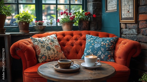 cozy cafe with a charming seating area featuring floral cushions a warm inviting atmosphere and a delicious cup of mocha on the table perfect for relaxing coffee dates and casual hangouts photo