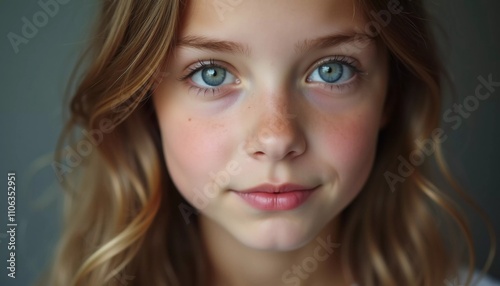 A young girl stands indoor in Russia, her striking grey-blue eyes gazing intently at the viewer. Natural light enhances her delicate features and long hair. Cute kid teenager schoolgirl. GenerativeAI