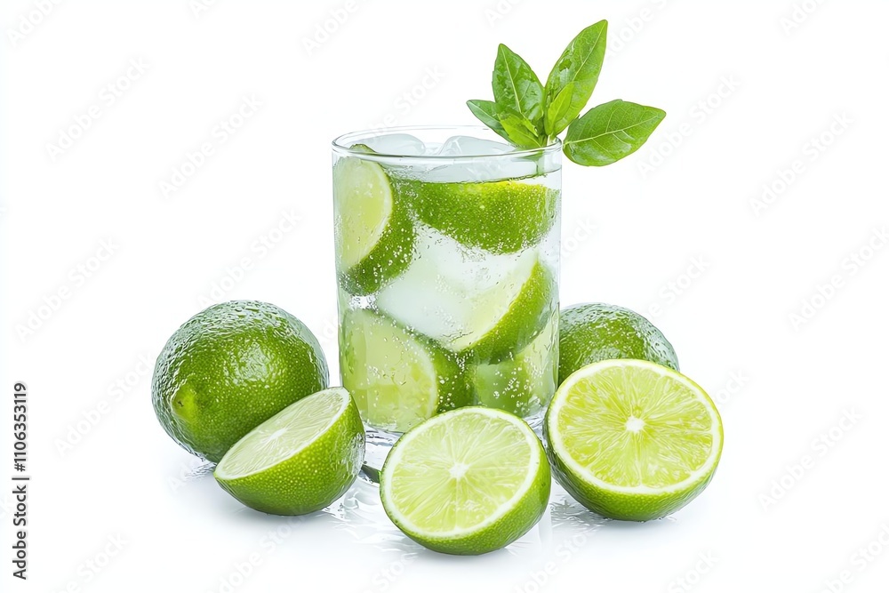 A refreshing beverage made with fresh limes, served in a clear glass with ice and mint leaves, ideal for summer gatherings and parties. A refreshing beverage made with fresh limes, served in a clear glass with ice and mint leaves, ideal for summer gatherings and parties.