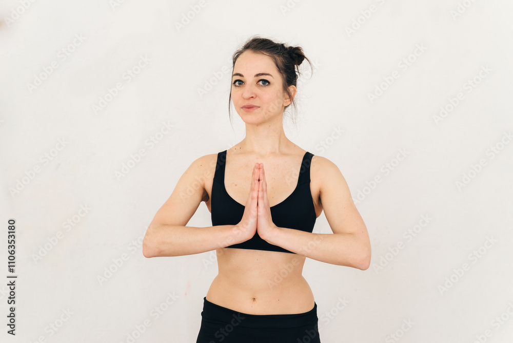 Fototapeta premium Attractive woman pelaxing after yoga exercises and smiling