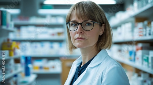 German female pharmacist in Dsseldorf organizing medicine in pharmacyportrait photo