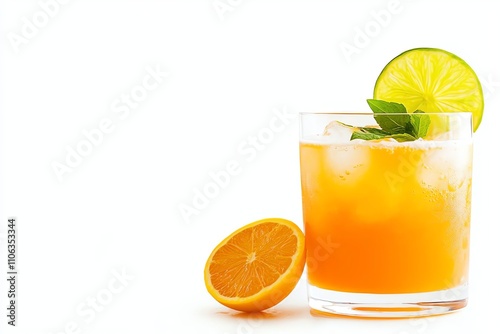 A refreshing citrus cocktail served over ice, garnished with a mint leaf and slices of lime. Perfect for summer gatherings or tropical themed events. photo