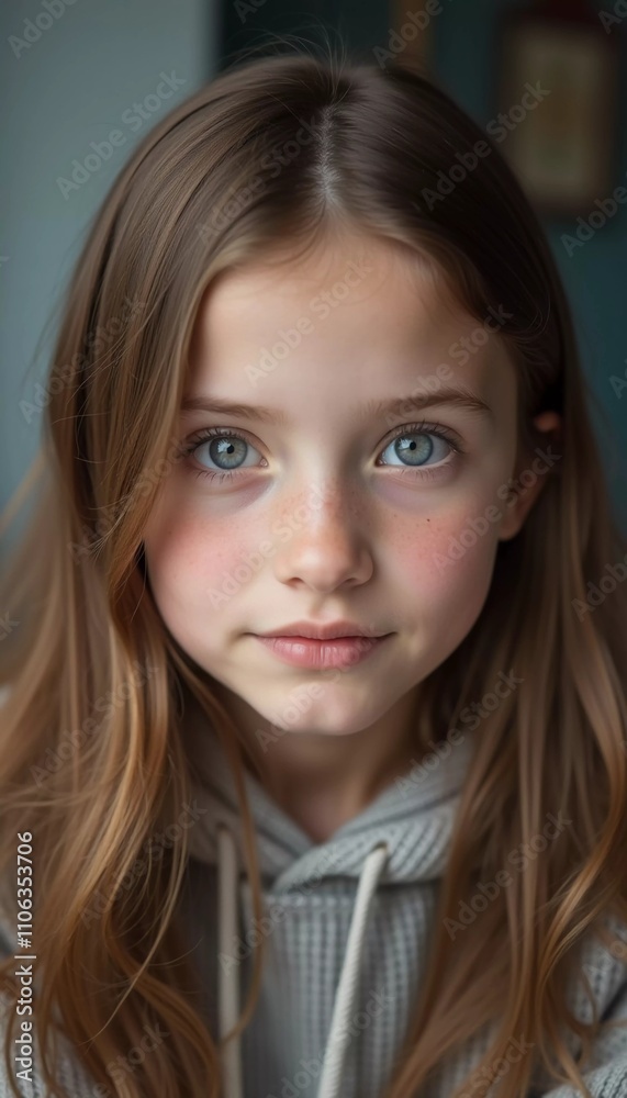 A young girl stands indoor in Russia, her striking grey-blue eyes gazing intently at the viewer. Natural light enhances her delicate features and long hair. Cute kid teenager schoolgirl. GenerativeAI A young girl stands indoor in Russia, her striking grey-blue eyes gazing intently at the viewer. Natural light enhances her delicate features and long hair. Cute kid teenager schoolgirl. GenerativeAI