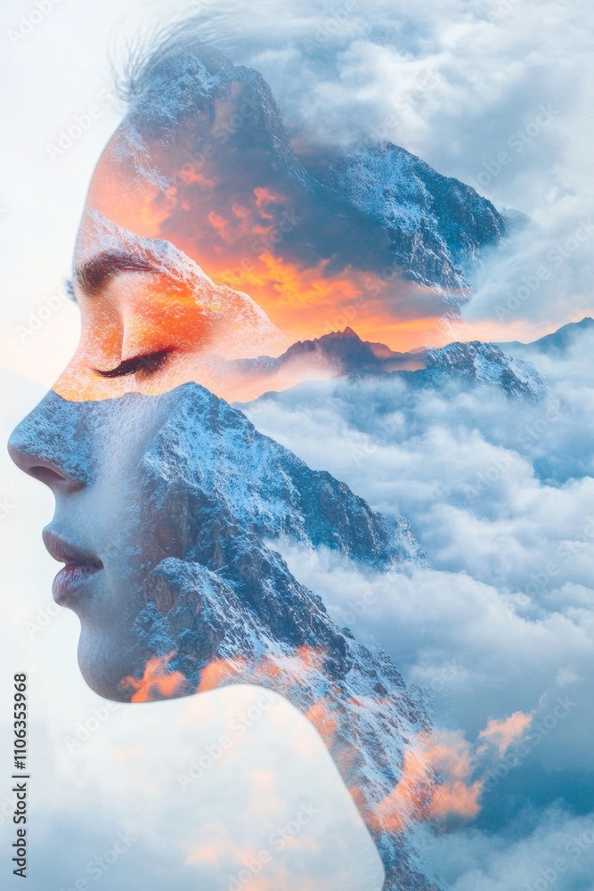 A serene portrait captures a woman's profile blended with majestic mountains and clouds during twilight, symbolizing a connection between nature and human emotion A serene portrait captures a woman's profile blended with majestic mountains and clouds during twilight, symbolizing a connection between nature and human emotion