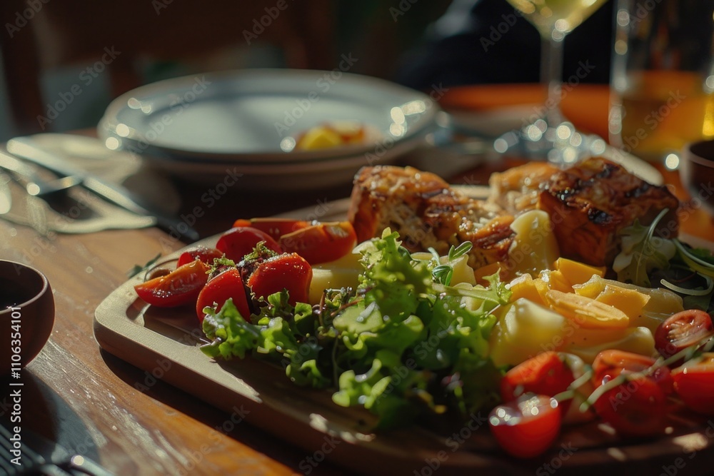 A plate of food served on a table with a glass of wine, perfect for a dinner party or special occasion A plate of food served on a table with a glass of wine, perfect for a dinner party or special occasion
