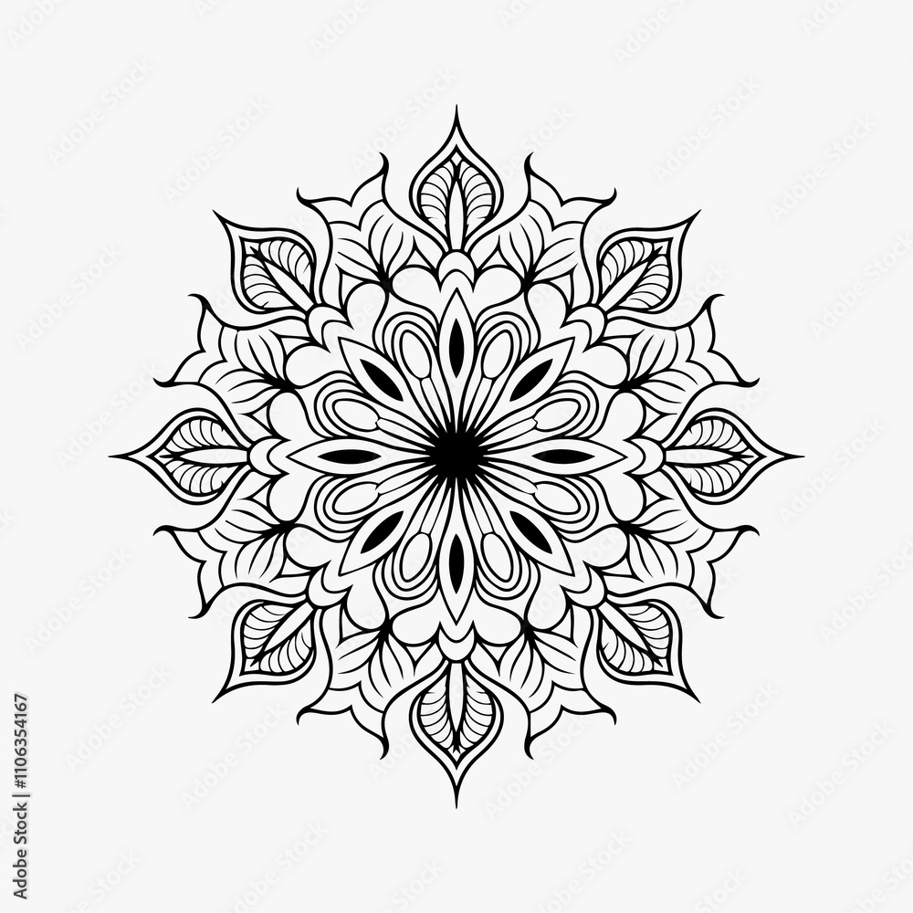 Circular pattern in mandala with flowers for Henna, Mehndi, tattoo, and decoration. Outline doodle hand draw vector illustration. Circular pattern in mandala with flowers for Henna, Mehndi, tattoo, and decoration. Outline doodle hand draw vector illustration.