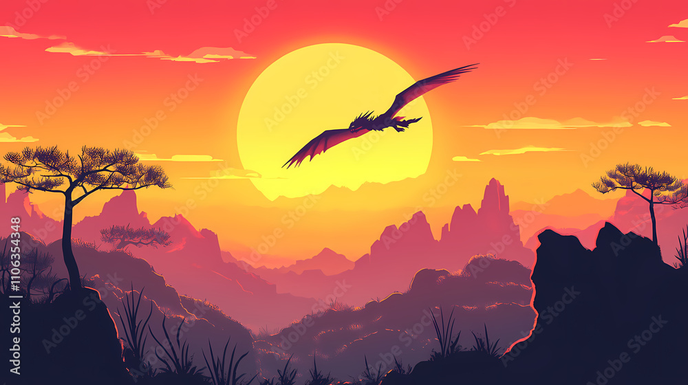 Obraz premium Dragon flying over sunset valley. Draconic. Illustration