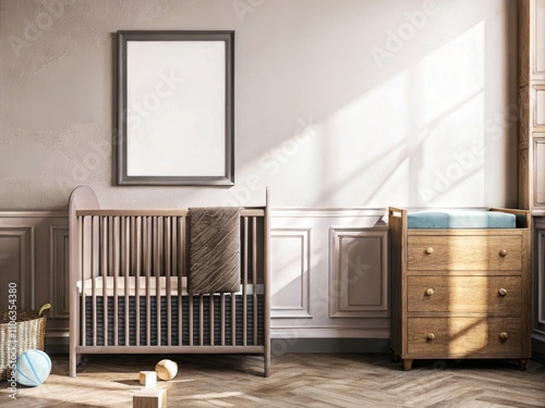 Elegant nursery interior with vintage wooden furniture, soft pastel tones, and a mockup frame