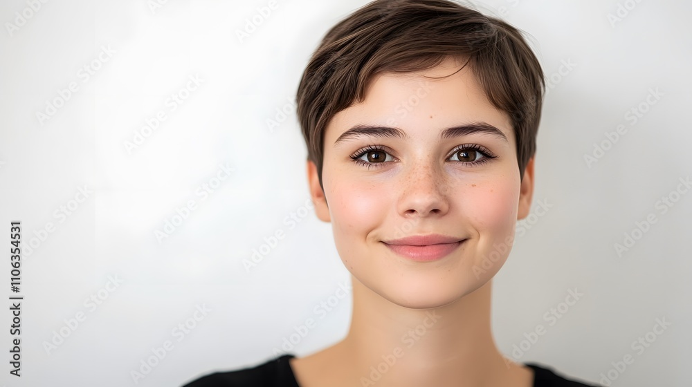 A woman with brown eyes and short brown hair is smiling on white background