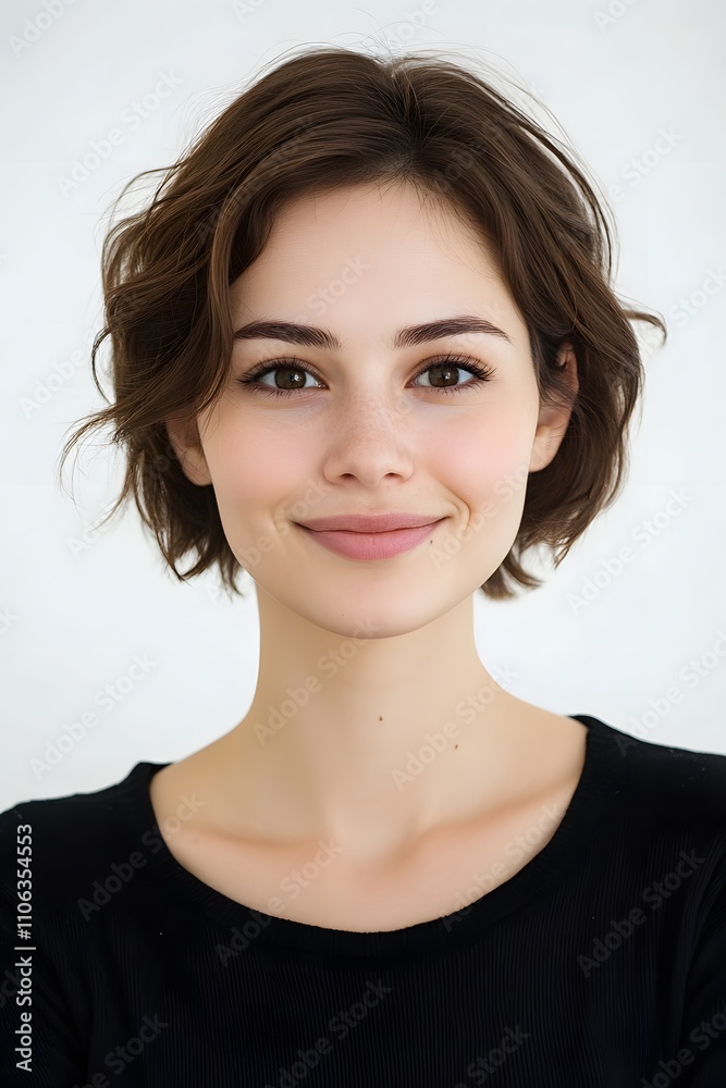 A woman with brown eyes and short brown hair is smiling on white background A woman with brown eyes and short brown hair is smiling on white background