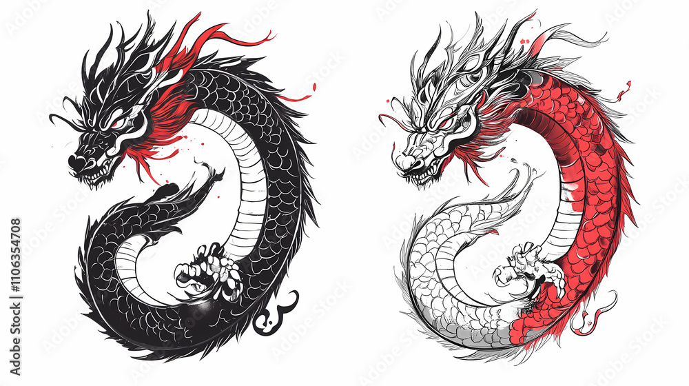 Fototapeta premium Dragon tattoo design. Draconic. Illustration