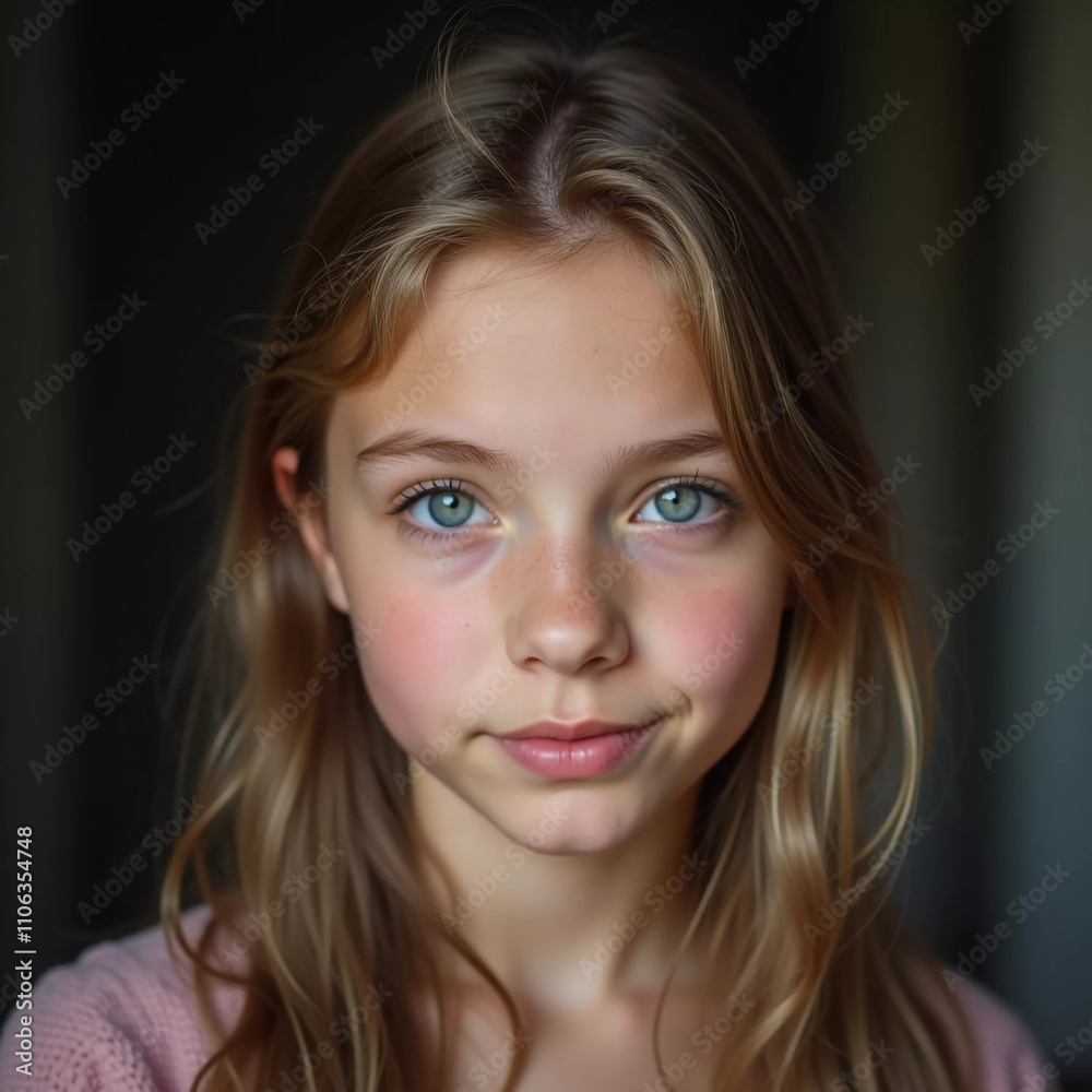 A young girl stands indoor in Russia, her striking grey-blue eyes gazing intently at the viewer. Natural light enhances her delicate features and long hair. Cute kid teenager schoolgirl. GenerativeAI A young girl stands indoor in Russia, her striking grey-blue eyes gazing intently at the viewer. Natural light enhances her delicate features and long hair. Cute kid teenager schoolgirl. GenerativeAI