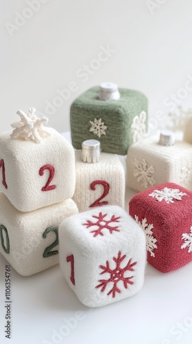 Festive dice-shaped ornaments with snowflake designs in red, green, and white, AI