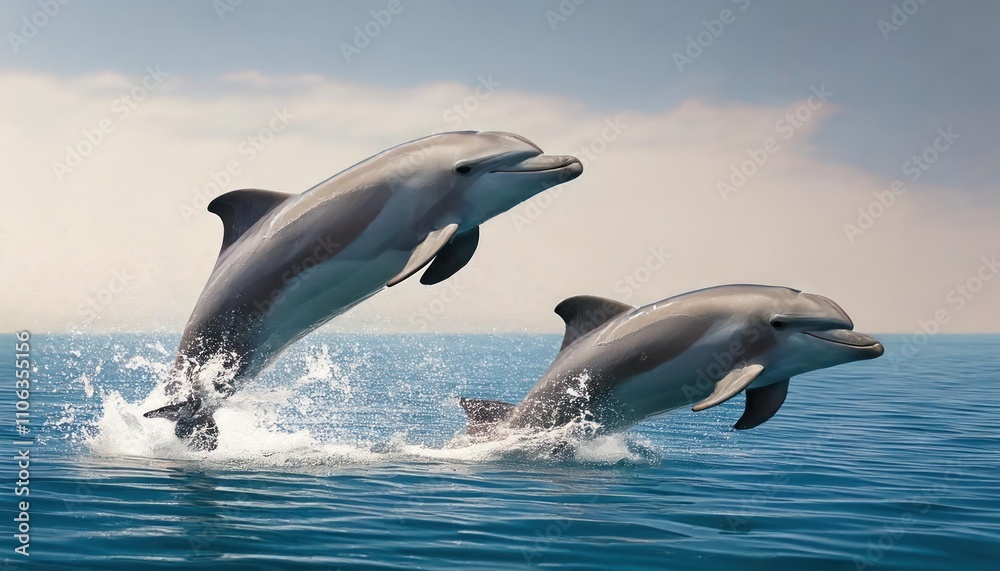 Fototapeta premium Playful group of dolphins frolicking in crystal clear waters. 