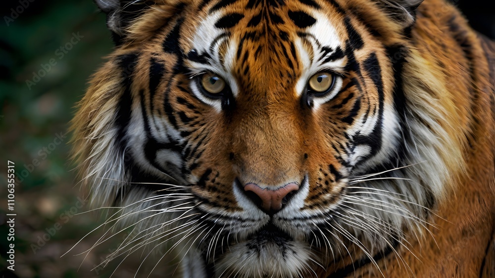Fototapeta premium Tiger's Face showcasing powerful gaze, striking stripes, and majestic beauty in the heart of the wild.