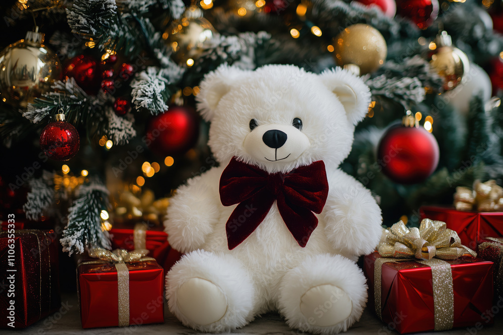 A stuffed toy of a white teddy bear with a red bow by a beautifully decorated Christmas tree A stuffed toy of a white teddy bear with a red bow by a beautifully decorated Christmas tree