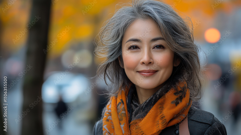 Woman in a warm orange scarf smiling on a city street surrounded by autumn foliage during the golden hour Woman in a warm orange scarf smiling on a city street surrounded by autumn foliage during the golden hour