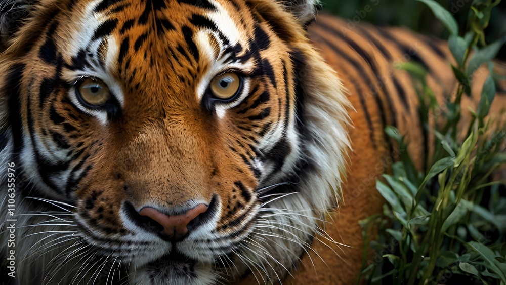 Tiger's Face showcasing powerful gaze, striking stripes, and majestic beauty in the heart of the wild.
Tiger's Face showcasing powerful gaze, striking stripes, and majestic beauty in the heart of the wild.