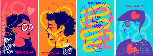 A vibrant Valentine's Day poster set featuring heart-themed designs, line art, and bold colors, celebrating love and creativity with modern aesthetics.