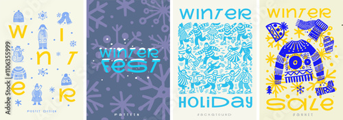 A dynamic winter poster set showcasing festive elements like snowflakes, skaters, sweaters, hats, and scarves with playful typography and bold color contrasts.