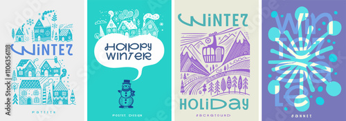 A vibrant winter poster set with playful illustrations of snowy villages, happy snowmen, mountain scenes, and abstract winter elements in a creative retro design.