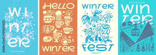 A creative winter poster set with retro-inspired illustrations, featuring snowflakes, cozy mugs, festive snowball scenes, and a ski resort vibe in vector design.