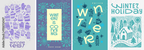 A charming winter poster set featuring cozy mittens, festive snowflakes, holiday mugs, snowmen, and a serene snowy cabin scene with creative typography.