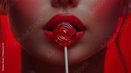 Artistic close-up of red lips engaging with a cheerful lollipop,楽しいキャンディと交わる赤い唇のアートなクローズアップ.Generative AI