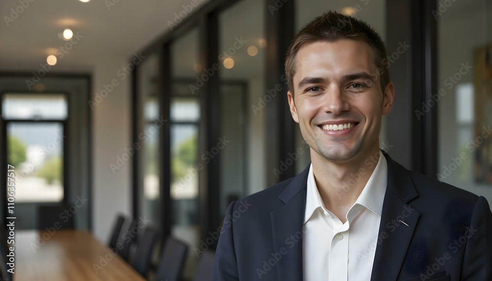 Successful business man smiling as he stands outside a meeting room in a professional workplace. Caucasian male executive looking away in reflection of his business accomplishments. Successful business man smiling as he stands outside a meeting room in a professional workplace. Caucasian male executive looking away in reflection of his business accomplishments.