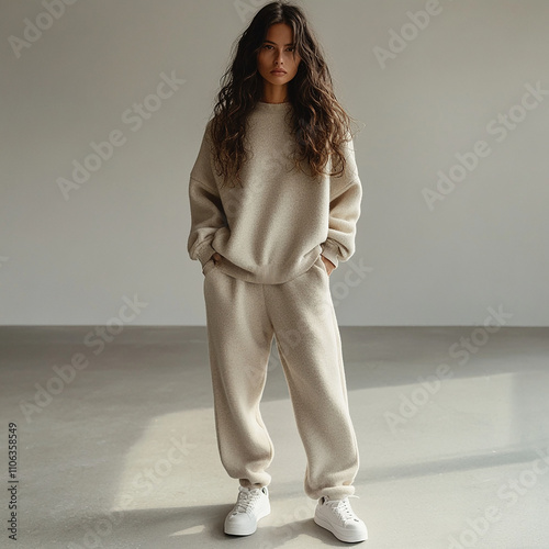 A model wearing an oversized, cashmere sweater in light beige and matching sweatpants with loose-fitting trousers that have a relaxed fit