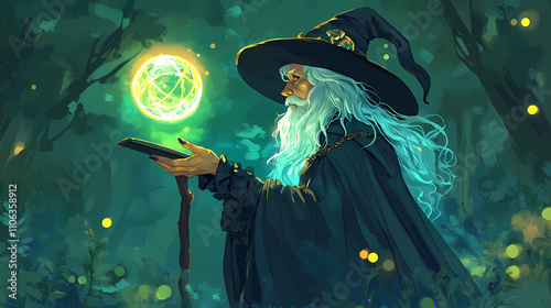 Black hat band wizard granny scarry bewitching using magical tablet witch cute toy orb excalibur draconic staff. Draconic. Illustration photo